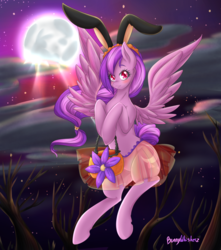 Size: 1024x1156 | Tagged: safe, artist:bunnywhiskerz, oc, oc only, oc:moonlight blossom, pegasus, pony, blushing, bunny ears, clothes, cute, female, halloween, holiday, mare, moon, ocbetes, skirt, solo
