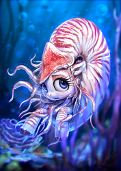 Size: 850x1200 | Tagged: safe, artist:assasinmonkey, oc, oc only, oc:nautila, nautilus, nautilus pony, original species, pony, sea pony, bubble, coral, digital painting, female, mare, shell, solo, tentacles, underwater, water
