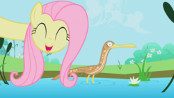 Size: 1280x720 | Tagged: safe, screencap, fluttershy, bird, bittern, pegasus, pony, g4, the ticket master, :d, ^^, animal, cute, eyes closed, female, long neck, mare, open mouth, shyabetes