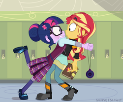 Size: 2000x1661 | Tagged: safe, artist:sunsetslight, sci-twi, sunset shimmer, twilight sparkle, equestria girls, g4, my little pony equestria girls: friendship games, alternate universe, blushing, duo, female, hug, in a heartbeat, journal, lesbian, looking at each other, magic capture device, ship:sci-twishimmer, ship:sunsetsparkle, shipping