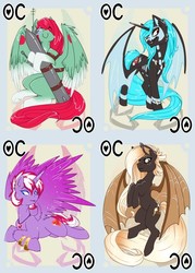 Size: 744x1038 | Tagged: safe, artist:bluekite-falls, artist:sky-railroad, oc, oc:lux arcana, oc:magic meat, oc:midnight delight, oc:shooting star (skygunner), alicorn, bat pony, pegasus, pony, alicorn oc, card game, colored wings, game, gradient hooves, gradient wings, jewelry, long mane, ponified, prance card game