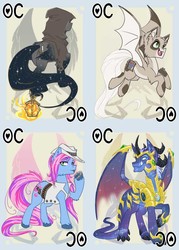 Size: 744x1038 | Tagged: safe, artist:bluekite-falls, artist:sky-railroad, oc, oc only, oc:astrall, oc:bubblegun, oc:cotton tale, oc:nightlight, bat pony, dragon, earth pony, pegasus, pony, armor, card game, clothes, colored wings, cowboy hat, ethereal mane, gradient wings, hat, horseshoes, lantern, long mane, long tail, looking at you, looking away, prance card game, sparkles, starry mane, vest