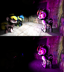 Size: 1920x2160 | Tagged: safe, artist:wiimeiser, oc, oc only, oc:puppysmiles, oc:rampage, oc:scotch tape, ghost, fallout equestria, fallout equestria: pink eyes, fallout equestria: project horizons, 3d, armor, canterlot ghoul, dark, dark room, female, filly, glowing eyes, halo, nightmare fuel, pink eyes, pipbuck, scared, source filmmaker
