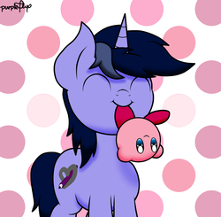 Size: 1567x1536 | Tagged: safe, artist:php142, oc, oc only, oc:purple flix, pony, puffball, unicorn, abstract background, cute, eyes closed, happy, kirby, kirby (series), looking up, male, mouth hold, ocbetes, smol, solo, stars, wingding eyes