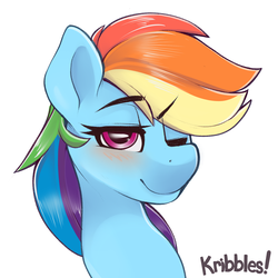 Size: 1755x1755 | Tagged: safe, artist:kribbles, rainbow dash, pony, g4, blushing, eyebrows, female, head shot, mare, one eye closed, simple background, smiling, solo, white background, wink
