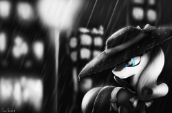 Size: 3500x2300 | Tagged: safe, artist:pony-stark, rarity, pony, g4, blue eyes, city, detective, detective rarity, female, hat, high res, monochrome, noir, solo, streetlight