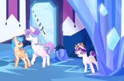 Size: 1841x1211 | Tagged: safe, artist:whalepornoz, princess flurry heart, princess skyla, oc, alicorn, earth pony, pegasus, pony, g4, alternate design, armor, crystal empire, female, magic, magic aura, offspring, parent:princess cadance, parent:shining armor, pegasus oc, species swap