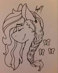 Size: 814x1025 | Tagged: safe, artist:sapphireshy, fluttershy, pony, g4, alternate hairstyle, bust, cutie mark, eyes closed, female, monochrome, signature, solo, traditional art