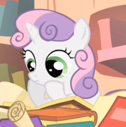 Size: 294x295 | Tagged: safe, screencap, sweetie belle, pony, g4, the show stoppers, book, cropped, female, golden oaks library, reading, solo