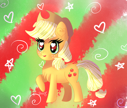 Size: 1300x1100 | Tagged: safe, artist:sweethearts11, applejack, earth pony, pony, g4, chest fluff, chibi, female, heart eyes, raised hoof, solo, wingding eyes