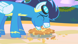 Size: 1280x720 | Tagged: safe, screencap, soarin', pegasus, pony, g4, the best night ever, apple, apple pie, chubby cheeks, clothes, eating, food, male, pie, solo, that pony sure does love pies, uniform, wonderbolts uniform