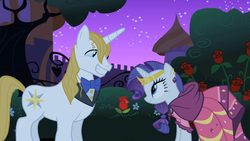Size: 1280x720 | Tagged: safe, screencap, prince blueblood, rarity, pony, unicorn, g4, the best night ever, clothes, dress, female, flower, gala dress, looking at each other, male, mare, rose, stallion