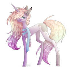 Size: 1000x1000 | Tagged: safe, artist:hyshyy, oc, oc only, oc:droplette, pony, unicorn, amputee, bandage, clothes, missing limb, scarf, simple background, solo, stump, transparent background