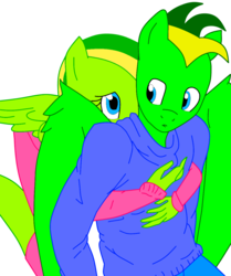 Size: 1024x1223 | Tagged: safe, artist:didgereethebrony, oc, oc only, oc:boomerang beauty, oc:didgeree, pegasus, anthro, base used, boomeree, clothes, hug, hug from behind, jacket, needs more saturation, simple background, sweater, transparent background