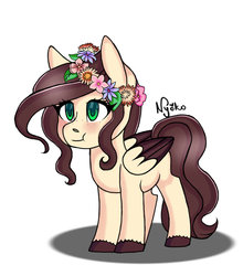Size: 1024x1166 | Tagged: safe, artist:nyokoart, oc, oc only, oc:akemi fly, pegasus, pony, :t, colored hooves, colored wings, colored wingtips, female, filly, floral head wreath, flower, freckles, mare, simple background, solo, white background
