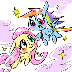 Size: 800x800 | Tagged: safe, artist:yang0, fluttershy, rainbow dash, pegasus, pony, g4, blush sticker, blushing, chibi, cloud, duo, flying, looking at each other, signature, simple background, sky, smiling, sparkles, spread wings, white background, wings