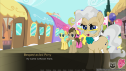 Size: 1920x1080 | Tagged: safe, artist:spookitty, cherry berry, derpy hooves, doctor whooves, lyra heartstrings, mayor mare, merry may, sunshower raindrops, time turner, writing desk, g4, balloon, fan game, game, movie accurate, pony tale adventures, preview, train, train station, visual novel