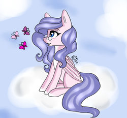Size: 1024x949 | Tagged: safe, artist:nyokoart, oc, oc only, butterfly, pegasus, pony, cloud, glasses, smiling, solo