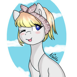 Size: 1024x1033 | Tagged: safe, artist:nyokoart, oc, oc only, earth pony, pony, blushing, hairband, one eye closed, raspberry, smiling, solo, tongue out, wink