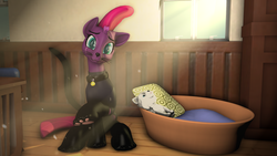 Size: 1920x1080 | Tagged: safe, artist:jachau, fizzlepop berrytwist, tempest shadow, cat, pony, unicorn, g4, my little pony: the movie, 3d, :3, animal costume, bed, broken horn, cat costume, clothes, collar, costume, cute, eye scar, female, head tilt, horn, looking at you, mare, pet bed, pet tag, plushie, scar, sitting, smiling, solo, source filmmaker, suit, tempestbetes, whiskers