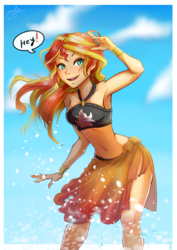 Size: 565x800 | Tagged: safe, artist:the-park, sunset shimmer, human, equestria girls, equestria girls specials, g4, my little pony equestria girls: better together, my little pony equestria girls: forgotten friendship, armpits, belly button, bikini, breasts, clothes, female, hey, long hair, looking at you, midriff, one word, sarong, skirt, smiling, solo, summer sunset, swimsuit, water, wide hips