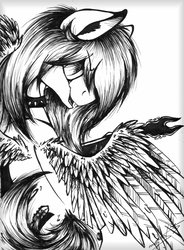 Size: 1024x1394 | Tagged: safe, artist:scootiegp, oc, oc only, oc:crash, pegasus, pony, choker, collar, electric guitar, guitar, lineart, looking at you, male, monochrome, musical instrument, signature, smiling, solo, traditional art
