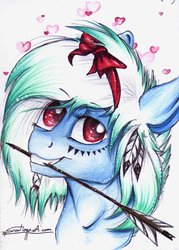 Size: 1024x1427 | Tagged: safe, artist:scootiegp, oc, oc only, oc:greeny, pony, arrow, bow, bust, feather, female, grin, heart, indian, looking at you, mouth hold, portrait, signature, smiling, solo, traditional art, triangle