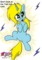 Size: 674x944 | Tagged: dead source, safe, artist:pencil bolt, oc, oc only, oc:betterry, pony, unicorn, blatant lies, cute, denial's not just a river in egypt, electricity, female, i'm not cute, mare