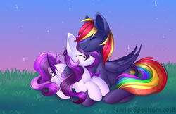 Size: 1024x665 | Tagged: safe, artist:scarlet-spectrum, oc, oc only, oc:colleen, oc:lightspeed, pegasus, pony, couple, eyes closed, female, grass, male, mare, oc x oc, prone, shipping, smiling, stallion, straight