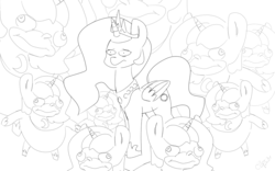 Size: 2560x1600 | Tagged: safe, artist:c0pter, princess celestia, princess luna, pony, g4, crossover, female, filly, grayscale, jewelry, lineart, male, mare, meme, monochrome, queen celestia, regalia, sonic the hedgehog, sonic the hedgehog (series), ugandan knuckles, woona, younger