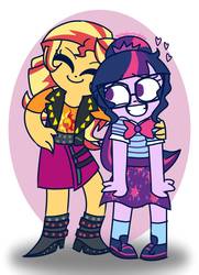 Size: 999x1378 | Tagged: safe, artist:psychodiamondstar, sci-twi, sunset shimmer, twilight sparkle, equestria girls, g4, my little pony equestria girls: better together, boots, clothes, duo, eyes closed, female, glasses, hand on hip, heart, high heel boots, lesbian, ship:sci-twishimmer, ship:sunsetsparkle, shipping, shirt, shoes, skirt, smiling