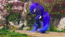 Size: 2560x1440 | Tagged: safe, artist:thelunagames, princess luna, alicorn, pony, g4, 3d, cinema 4d, female, flower, grass, looking back, mare, path, rear view, smiling, solo, tree