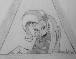 Size: 1603x1252 | Tagged: safe, artist:marta4708, trixie, equestria girls, g4, my little pony equestria girls: better together, rarity investigates: the case of the bedazzled boot, rarity investigates: the case of the bedazzled boot: trixie, female, grayscale, monochrome, scene interpretation, solo, traditional art