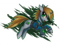 Size: 1280x934 | Tagged: safe, artist:dragonataxia, oc, oc only, oc:littlepip, pony, unicorn, fallout equestria, abstract background, clothes, fanfic, fanfic art, female, hooves, horn, jumpsuit, mare, open mouth, pipboy, pipbuck, solo, vault suit