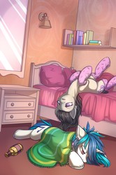 Size: 848x1280 | Tagged: safe, artist:dragonataxia, dj pon-3, octavia melody, vinyl scratch, earth pony, pony, unicorn, fanfic:allegrezza, g4, allegrezza, bed, book, bookshelf, clothes, duo, fanfic, fanfic art, female, hangover, mare, mirror, socks