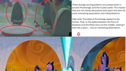 Size: 1276x716 | Tagged: safe, edit, edited screencap, screencap, stygian, g4, shadow play, the crystal empire, cropped, crystal empire, crystal heart, magic, ponehenge, runes, speculation, text, theory