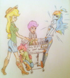 Size: 1536x1705 | Tagged: safe, artist:marta4708, apple bloom, applejack, rainbow dash, scootaloo, equestria girls, g4, boots, converse, ponied up, shoes, shopping cart, traditional art