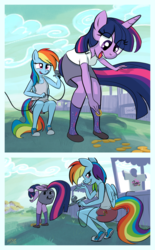 Size: 744x1200 | Tagged: safe, artist:1trick, rainbow dash, twilight sparkle, anthro, plantigrade anthro, g4, airbrush, bits, clothes, coin, converse, duo, eyes on the prize, grin, looking at something, looking at you, looking back, looking down, open mouth, prank, reaching, shoes, shorts, skirt, smiling, smirk, socks, squatting, tank top