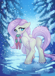 Size: 693x953 | Tagged: safe, alternate version, artist:imanika, fluttershy, pegasus, pony, g4, butt, cute, ear fluff, female, flutterbutt, looking at you, looking back, mare, pine tree, plot, shyabetes, snow, snowfall, solo, tree, wreath