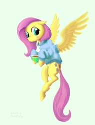 Size: 900x1178 | Tagged: safe, artist:adeptus-monitus, fluttershy, pegasus, pony, g4, blushing, bottomless, clothes, cup, female, floppy ears, hoof hold, looking at you, looking sideways, partial nudity, simple background, smiling, solo, spread wings, sweater, sweatershy, teacup, white background, wings