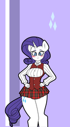 Size: 1722x3122 | Tagged: safe, artist:franschesco, rarity, unicorn, anthro, g4, beautiful, blushing, breasts, busty rarity, clothes, cute, female, horn, miniskirt, plaid, plaid skirt, pleated skirt, raribetes, skirt, smiling, solo, thighs