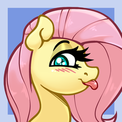 Size: 1024x1024 | Tagged: safe, artist:slavedemorto, fluttershy, pegasus, pony, g4, blushing, bust, female, looking at you, portrait, profile, simple background, solo, tongue out