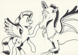 Size: 1111x787 | Tagged: safe, artist:saturdaymorningproj, discord, fluttershy, draconequus, pegasus, pony, g4, boop, duo, looking at each other, monochrome, profile, raised hoof, simple background, smiling, spread wings, traditional art, white background, wings