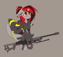 Size: 2480x2272 | Tagged: safe, artist:ivyredmond, oc, oc only, oc:tomoko tanue, bat pony, umbreon, anthro, fallout equestria, blushing, clothes, cutie mark, female, floppy ears, gun, high res, hoodie, mare, optical sight, pokémon, rifle, simple background, sniper, sniper rifle, solo, weapon