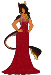 Size: 2264x3310 | Tagged: safe, artist:blackblood-queen, oc, oc only, oc:daniel dasher, dracony, hybrid, anthro, anthro oc, clothes, crossdressing, dress, eyeshadow, hand on hip, high res, leonine tail, lipstick, makeup, male, red dress, simple background, solo, stallion, transparent background
