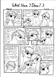 Size: 2550x3506 | Tagged: safe, artist:lupiarts, oc, oc only, oc:camilla curtain, oc:chess, oc:roselyn bloom, oc:sally, comic:what have i done, apology, black and white, comic, family, grayscale, high res, monochrome, page, speech bubble, traditional art, tragedy