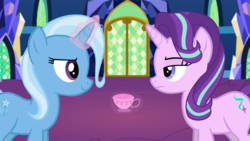 Size: 1920x1080 | Tagged: safe, artist:agrol, starlight glimmer, trixie, pony, unicorn, magic lessons, g4, cup, female, glowing horn, horn, looking at each other, mare, smiling, teacup, unamused