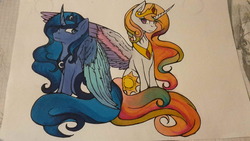 Size: 3264x1836 | Tagged: safe, artist:muserkikki, princess celestia, princess luna, alicorn, pony, g4, colored wings, crown, female, jewelry, mare, regalia, royal sisters, traditional art