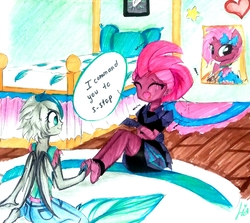 Size: 2375x2117 | Tagged: safe, artist:liaaqila, fizzlepop berrytwist, tempest shadow, oc, oc:elizabat stormfeather, bat pony, equestria girls, g4, my little pony: the movie, alternate hairstyle, armor, barefoot, bed, bedroom, bondage, canon x oc, clothes, cute, equestria girls-ified, eye scar, eyes closed, feather, feet, female, fetish, foot fetish, gloves, high res, jeans, lesbian, open mouth, pants, pillow, poster, scar, shipping, stormshadow, tickling, traditional art, winged humanization, wings, younger