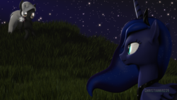 Size: 1920x1080 | Tagged: safe, artist:christian69229, princess luna, oc, oc:alex sinfalair, pony, g4, 3d, canon x oc, flower, grass, lulex, source filmmaker